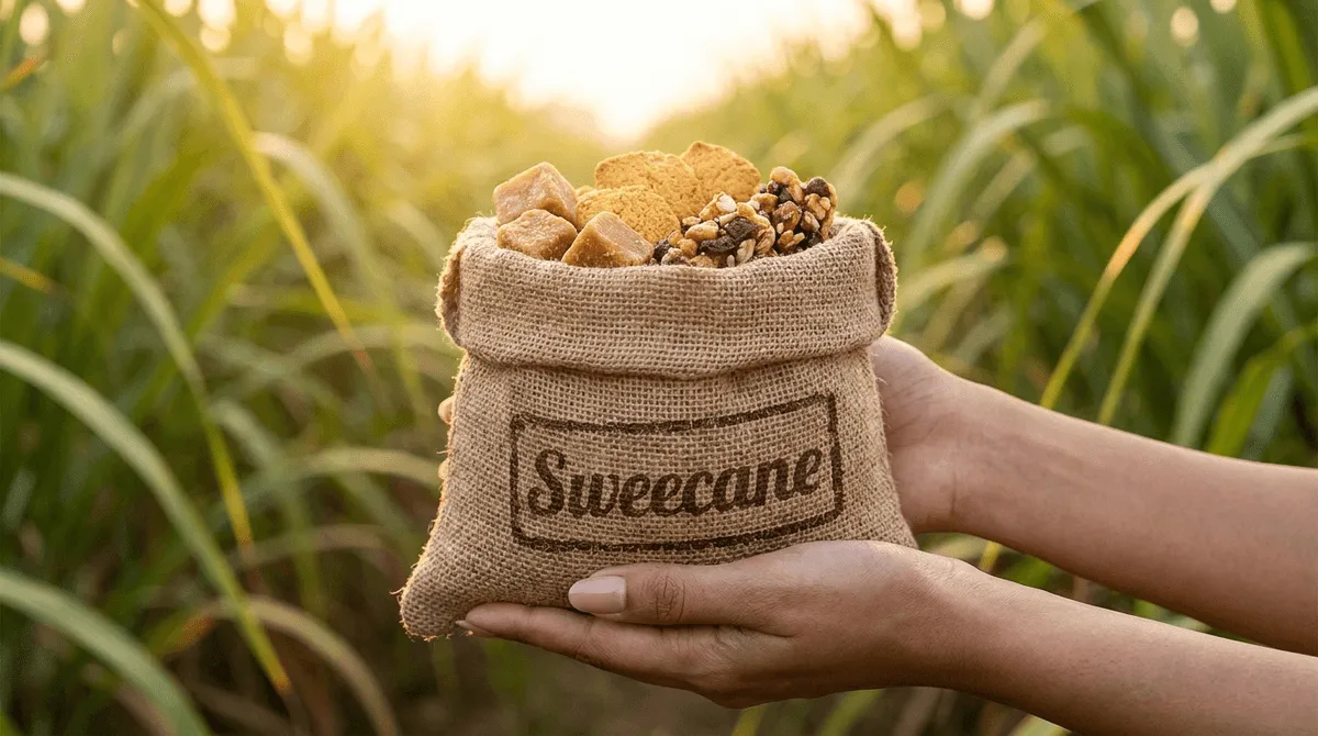 Sweecane jaggery treats in rustic burlap pouch in sugarcane field